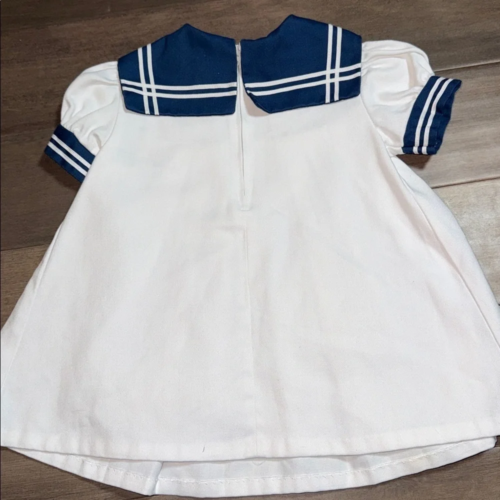 Vintage White Sailor Dress Navy Trim Puff Sleeve Size 3T